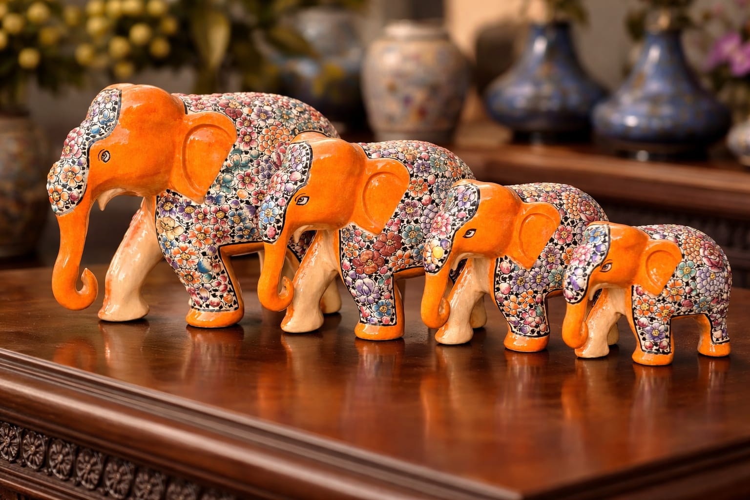 Hand painted  Elephant Family Set , Wooden Elephant set , hand painted paper mache sculpture 
